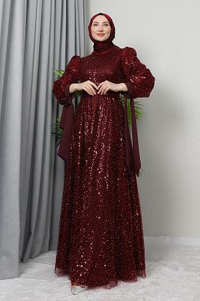 لباس مجلسی حجاب زرشکی زنانه یقه ایستاده giz astore - کد 884225135