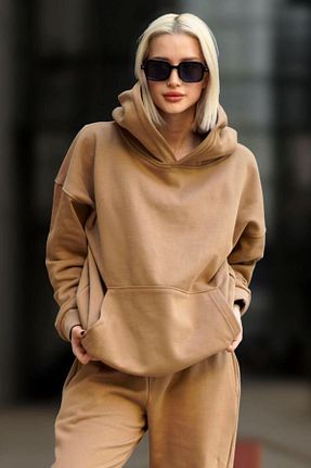 سوئیشرت قهوه ای زنانه ساده YAKAMEL - کد 885039676