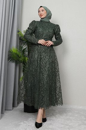 لباس مجلسی حجاب خاکی زنانه یقه ایستاده GİZ AGİYİM - کد 885509811