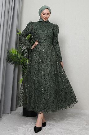 لباس مجلسی حجاب خاکی زنانه یقه ایستاده GİZ AGİYİM - کد 885509811