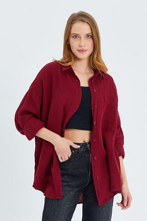 پیراهن زرشکی زنانه یقه پیراهنی Mixray - کد 886422421