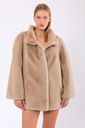 پالتو پشمی بژ زنانه رگولار Leather Club - کد 885049456