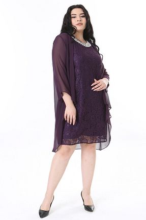 لباس مجلسی سایز بزرگ بنفش زنانه یقه دوچرخه 1fazlası - کد 834288818