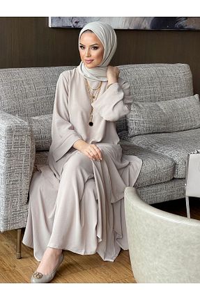 ست بالاتنه و پائین تنه حجاب بژ زنانه سایز بزرگ BURİSLA - کد 814876009