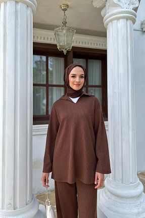 ست بالاتنه و پائین تنه قهوه ای زنانه بافتنی QUQA - کد 885903139