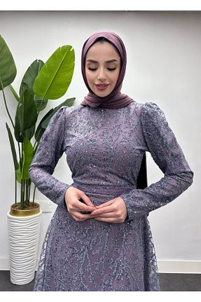 لباس مجلسی حجاب بنفش زنانه یقه دوچرخه Tesettür Diyarı - کد 886130872