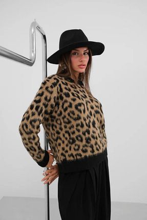پلیور قهوه ای زنانه طرح دار MEDİYA - کد 886352038