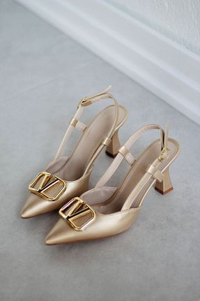 کفش پاشنه بلند کلاسیک طلائی زنانه چرم مصنوعی Mida Shoes - کد 735669317