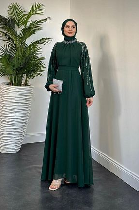 لباس مجلسی حجاب سبز زنانه یقه ایستاده MERVEN AKYÜZ - کد 886705195