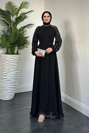 لباس مجلسی حجاب مشکی زنانه یقه ایستاده POLANGEL - کد 920528765