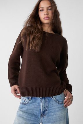 پلیور قهوه ای زنانه ساده Stradivarius - کد 885090401