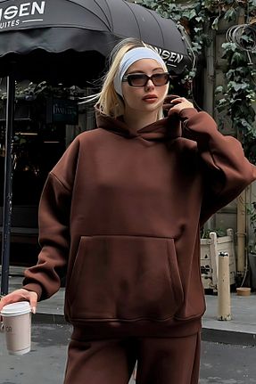 سوئیشرت قهوه ای زنانه ساده YAKAMEL - کد 885130329