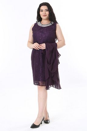 لباس مجلسی سایز بزرگ بنفش زنانه یقه دوچرخه 1fazlası - کد 834288818