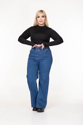 شلوار جین سایز بزرگ سرمه ای زنانه پاچه پهن EYLÜLXXL - کد 885595782