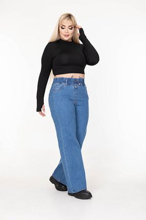 شلوار جین سایز بزرگ آبی زنانه پاچه پهن EYLÜLXXL - کد 885595877