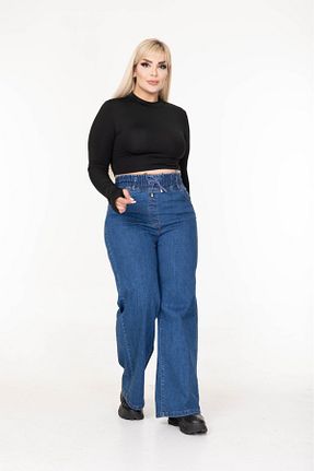 شلوار جین سایز بزرگ سرمه ای زنانه پاچه پهن EYLÜLXXL - کد 885595782