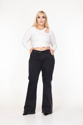 شلوار جین سایز بزرگ طوسی زنانه پاچه اسپانیولی EYLÜLXXL - کد 885598509