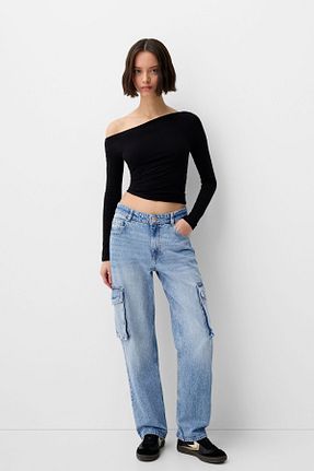 شلوار جین سرمه ای زنانه رگولار Bershka - کد 888635738