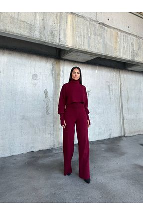 ست بالاتنه و پائین تنه زرشکی زنانه تریکو Kedi Fashion - کد 886541187