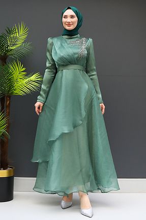 لباس مجلسی حجاب سبز زنانه یقه ایستاده Giza Giyim - کد 752263218