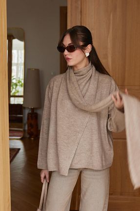 پلیور قهوه ای زنانه ساده Askı Nişantaşı - کد 887086786