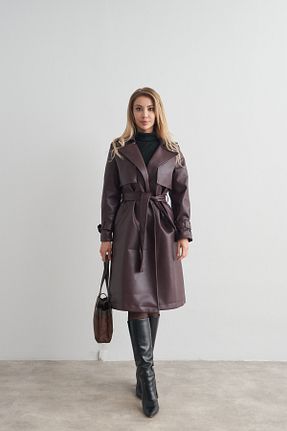 ترنچکت زرشکی زنانه چرم مصنوعی Rabia Çelik - کد 887248890