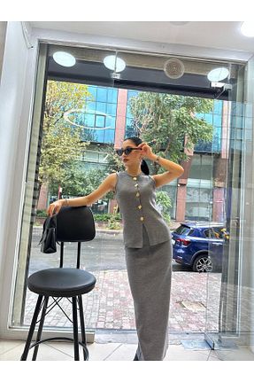 ست بالاتنه و پائین تنه طوسی زنانه بافتنی İKRAFASHİON - کد 887501423