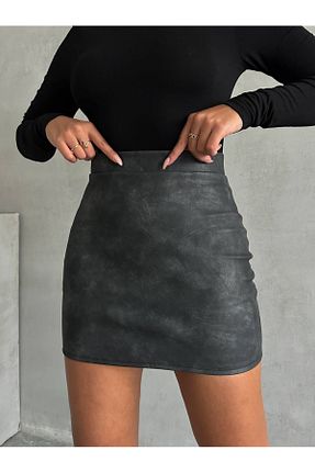 دامن مشکی زنانه چرم مصنوعی KüButik - کد 887594466