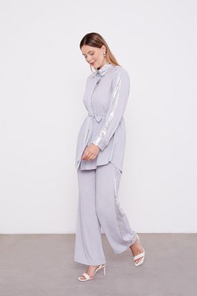 ست بالاتنه و پائین تنه حجاب طوسی زنانه اورسایز Levidor - کد 887642240