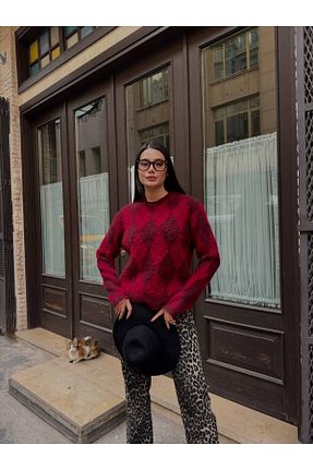 پلیور زرشکی زنانه طرح دار ZF BUTİK - کد 887875506
