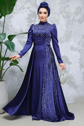 لباس مجلسی حجاب سرمه ای زنانه یقه ایستاده Neva Style - کد 888410941