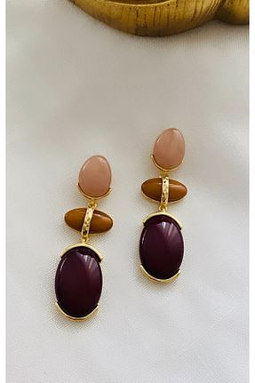 گوشواره جواهر زرشکی برنجی VNS Accessories - کد 888505415