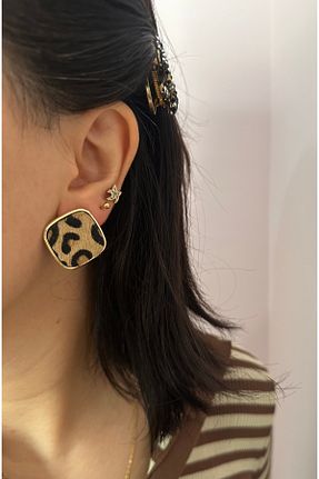 گوشواره جواهر قهوه ای روکش طلا YENGEÇ - کد 887423463