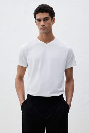 تیشرت سفید مردانه یقه هفت H&M - کد 854149146