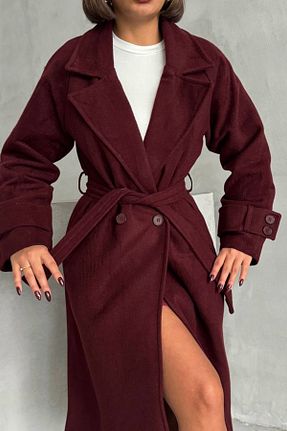 پالتو پشمی زرشکی زنانه Fitted Neşeli Butik - کد 881198474
