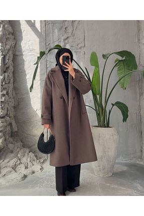 پالتو پشمی قهوه ای زنانه اورسایز charme butik - کد 889052341