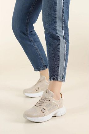 کفش اسنیکر بژ زنانه بند دار Walkenzo - کد 838896757