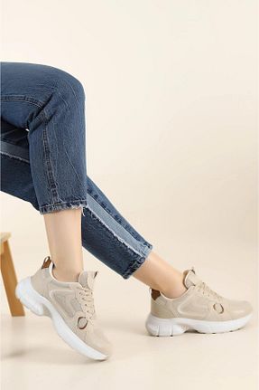 کفش اسنیکر بژ زنانه بند دار Walkenzo - کد 838896757