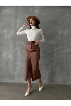 دامن قهوه ای زنانه چرم مصنوعی BEES JEANS - کد 886878209