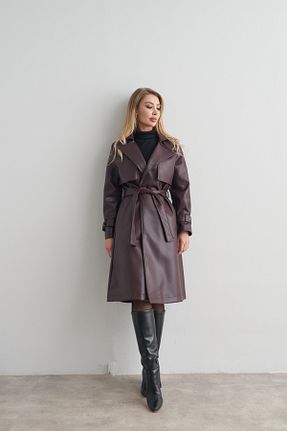 ترنچکت زرشکی زنانه چرم مصنوعی Rabia Çelik - کد 887248890
