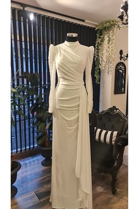 لباس مجلسی حجاب سفید زنانه یقه ایستاده makbuleofficial - کد 887882920