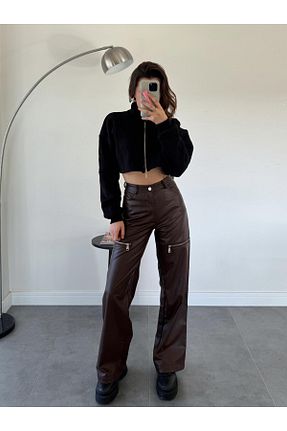 شلوار جین قهوه ای زنانه پاچه گشاد OYKUWEAR - کد 888123576