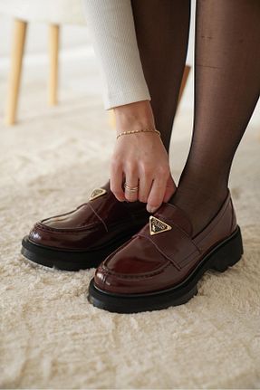 کفش لوفر زرشکی زنانه چرم خالص öz se shoes - کد 888155197