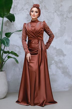 لباس مجلسی حجاب قهوه ای زنانه یقه ایستاده Neva Style - کد 888410947
