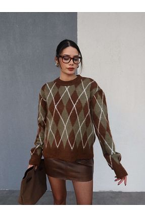 پلیور قهوه ای زنانه طرح دار ESRAHELVACI - کد 888821305