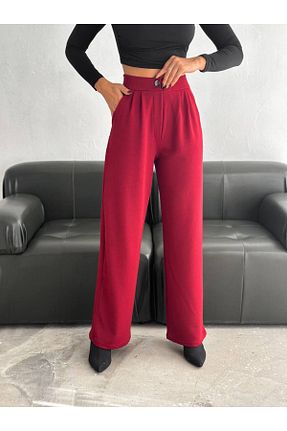 شلوار پارچه ای زرشکی زنانه کش دار BYKUZEYARAS - کد 889006100
