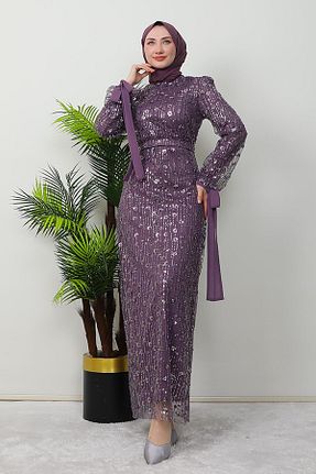 لباس مجلسی حجاب بنفش زنانه یقه ایستاده GİZ AGİYİM - کد 889107310