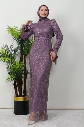 لباس مجلسی حجاب بنفش زنانه یقه ایستاده GİZ AGİYİM - کد 889701817