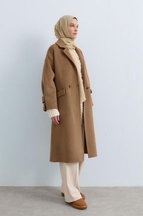 پالتو پشمی حجاب قهوه ای زنانه اورسایز Nihan - کد 889721595