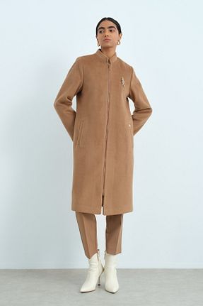 پالتو پشمی حجاب قهوه ای زنانه رگولار Nihan - کد 889721451